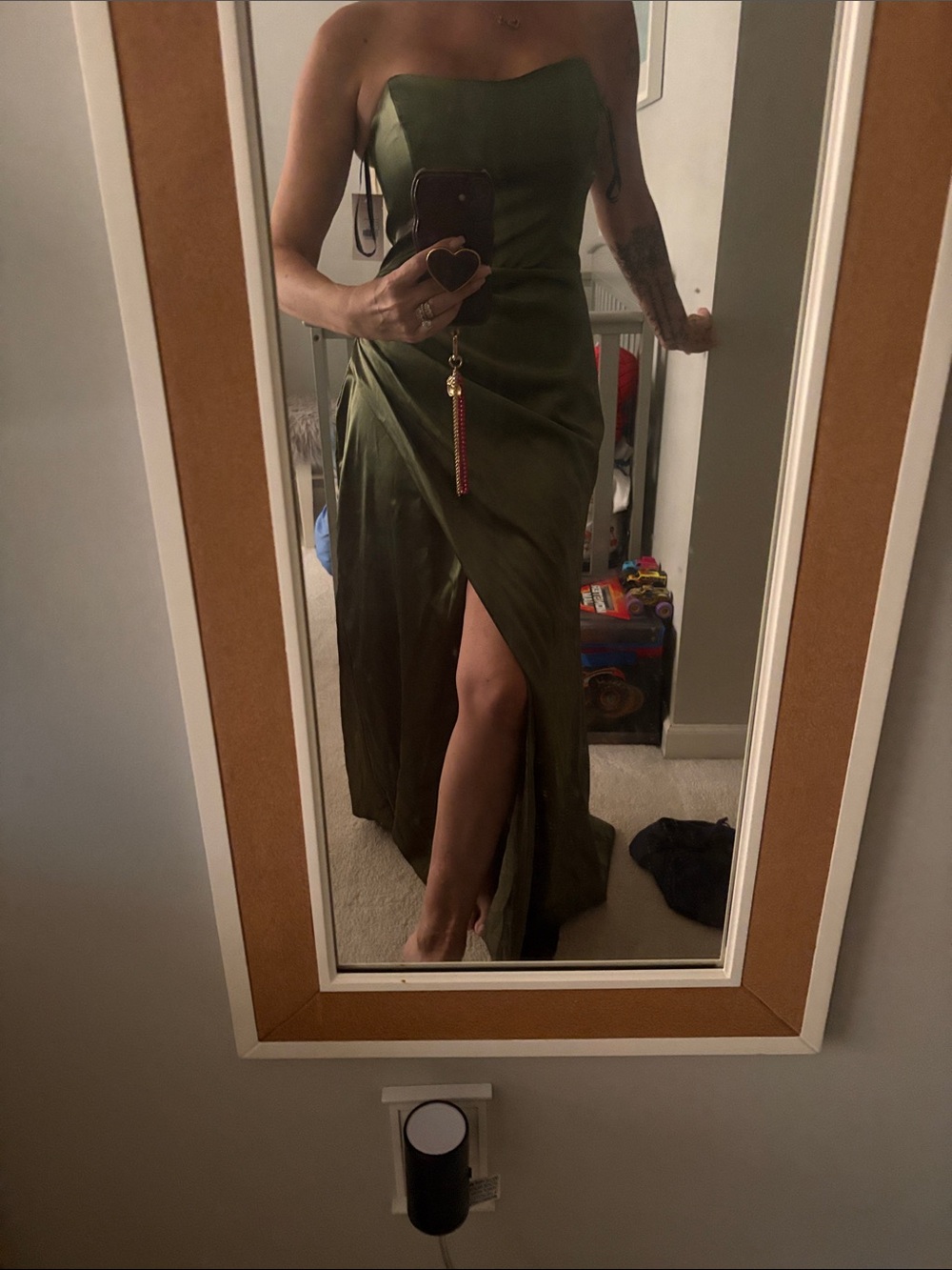 Strapless Olive Green Satin Evening Dress